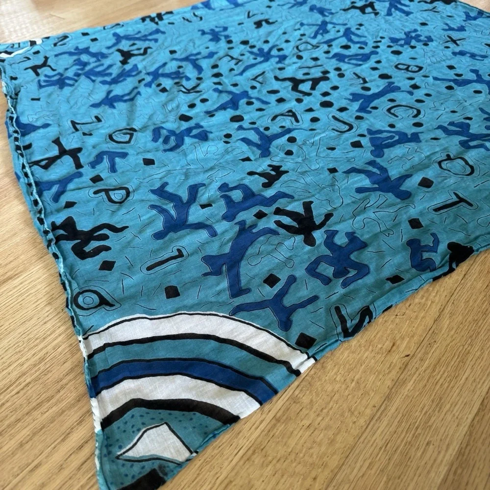 Keith Haring-style dancing figures and alphabet letter pattern Scarf Blue Art